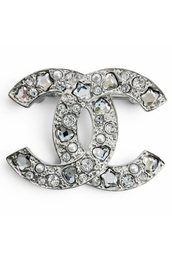 Pre-Owned CHANEL B25P Coco Mark Star, Heart, Faux Pearl, Rhinestone Brooch, Silver, Made in...