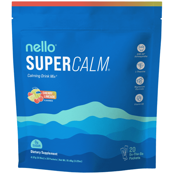 Nello Supercalm Drink Mix - Ashwagandha KSM 66, Magnesium Glycinate & L-Theanine Supplement - Ashwagandha Root Extract - Focus and Relaxation Support (20 Travel Packets) - Cherry Limeade