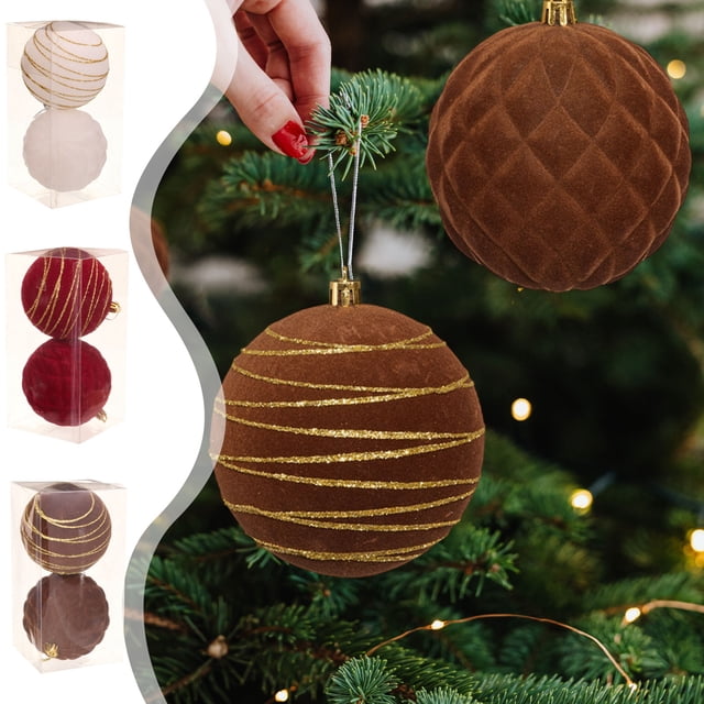Set de Bolas Navideñas En Caja de Regalo, Bolas Nevadas de 10 Cm (2 Unidades), Color Marrón, para Colgar | Kit de Adornos Navideños para El Hogar
