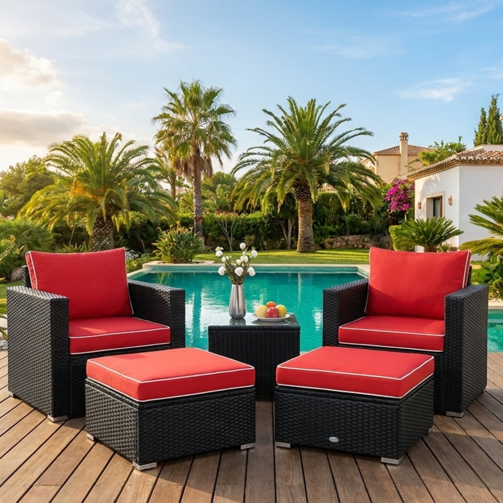 Biotree 5 Piece Patio Rattan Sofa Ottoman Set outdoor conversation set with cushions and glass side table for garden backyard and porch, Red