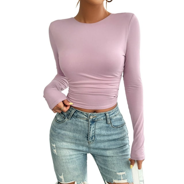 FRSASU Chemises à Manches Longues Ouvertes pour Femmes Coupe Ajustée Couleur Unie Col Rond T-Shirts Doublés Ajustés pour Sortir Violet m(m)