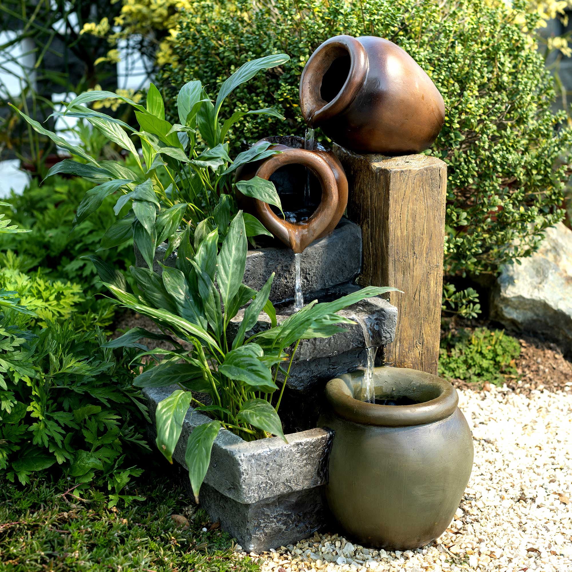 23.62" Outdoor Water Fountain, 4 Tiers Waterfall Fountain with Vintage Clay Pot Design, Indoor/Outdoor Floor Standing Water Feature for Garden, Patio