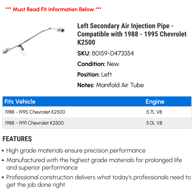 Secondary Air Injection Pipe - Left Side, Replacement For 1988-1995 Chevrolet K2500 Truck