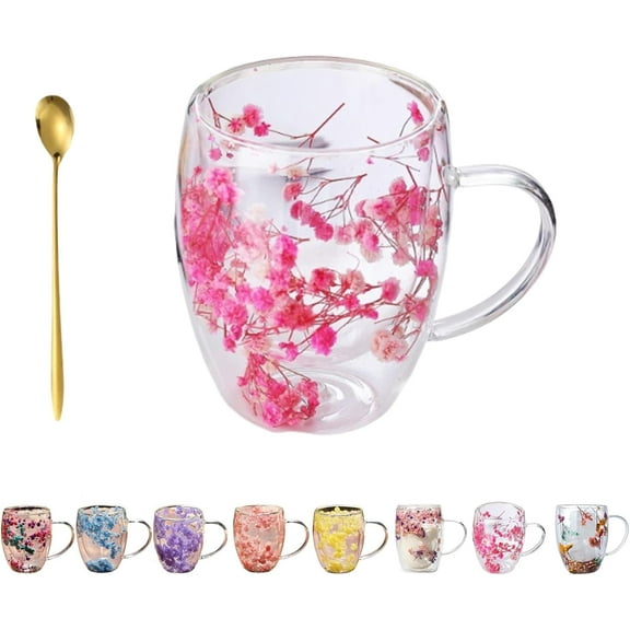 Double Glass Flower Tea Cup, Handcrafted, Elegant & Gift-Worthy, Flower Double Wall Glass Coffee Mugs, Clear Insulated Coffee Mugs with Handle for or Hot Cold Beverages, Cappuccino, Latte(H-350ml)