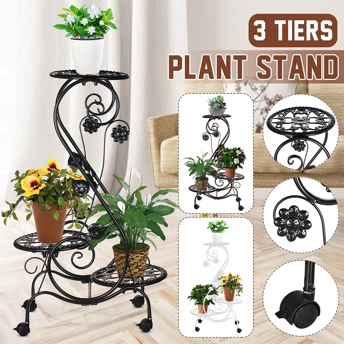 3 Tier Metal Plant Stand Display Shelf Home Garden Ornaments Indoor Outdoor W Wheels Walmart Canada