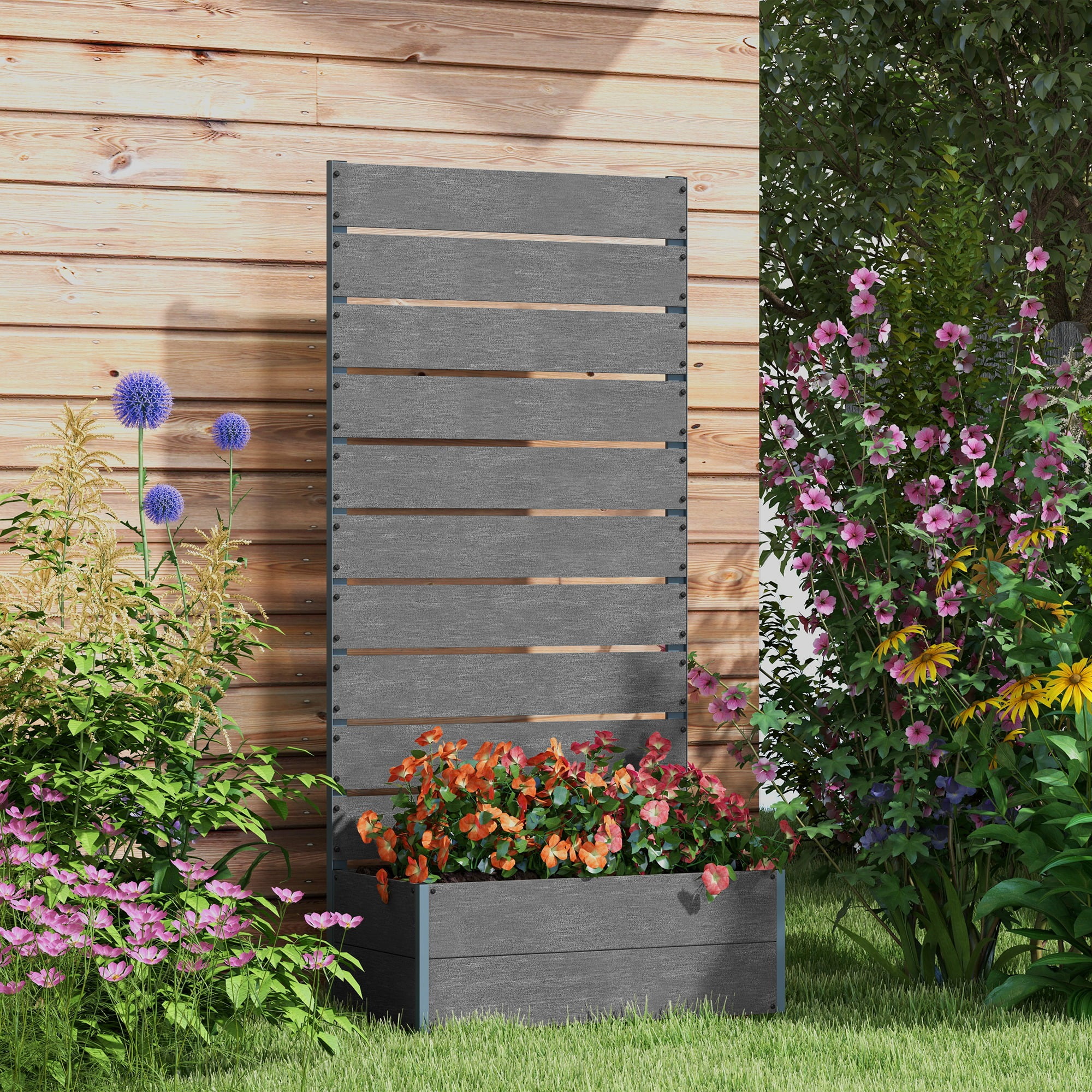 Raised Garden Bed with Trellis for Climbing Plants, Planter Box with Drainage Gap, Freestanding Trellis Planter for Outdoor, Patio, Deck, 28.25" x 15" x 59", Gray