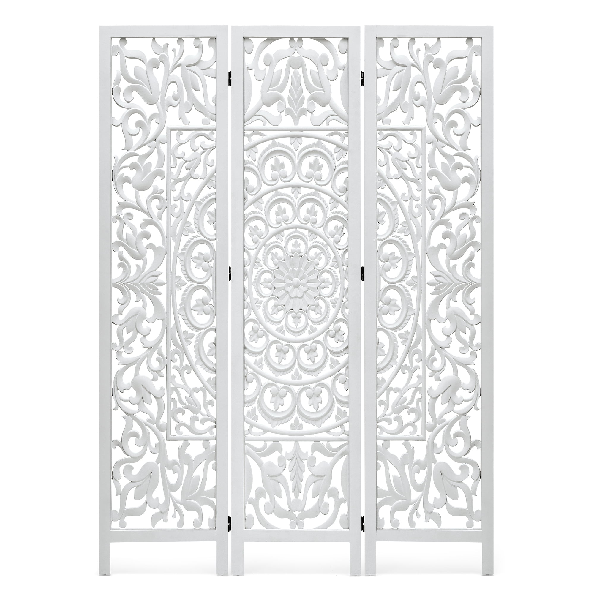 Jostyle 3 Panel Solid Wood Room Divider Privacy Screen - Freestanding Folding Partition with Openwork Design, Paulownia Wood Frame White, No Assembly for Living Room, Bedroom, Office