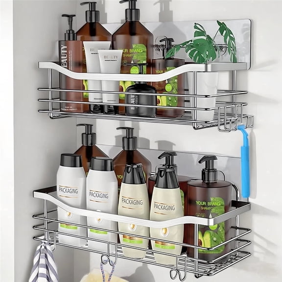 JUXIAO Shower Caddy 2 Pack, Adhesive Shower Organizer with Soap Holder, Hooks, Large Capacity, No-Drill Wall Mounted Bathroom Organizer Basket for Bathroom & Kitchen Storage, Silver