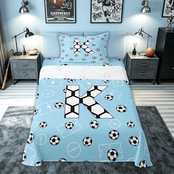 meiyoeat Soccer Letter K Twin Sheets for Boys Kids, Ball Field Bedding for , Blue, 3-Piece, 1 Flat Sheet, 1 Fitted Sheet and 1 Pillowcase