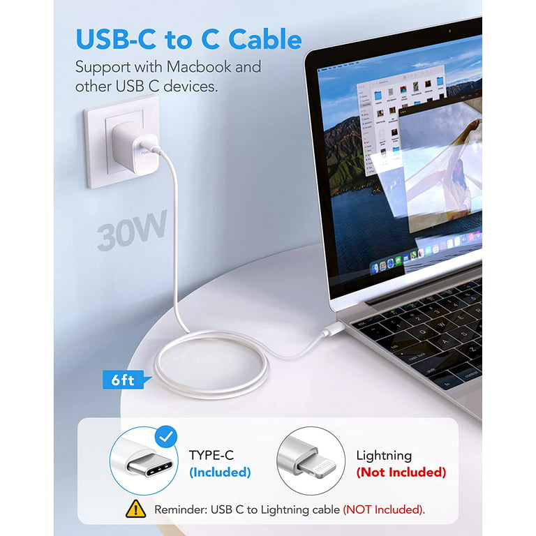 30W USB C Fast Charger for iPad Pro 11/12.9 - 2021/2020/2018, iPad Air  4/5th Generation, Mini 6, MacBook Air 12/13, Type-C Thunderbolt 3 Power