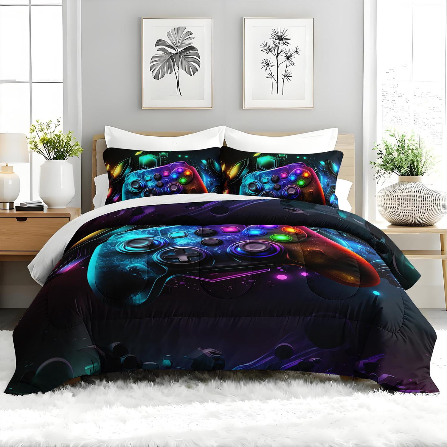 3pcs Gaming Controller Comforter Set, Neon Gamer Bedding Set for Bedroom or Guest Room Decor, All Seasons Quilt Machine Washable Duvet with 2 Pillowcases