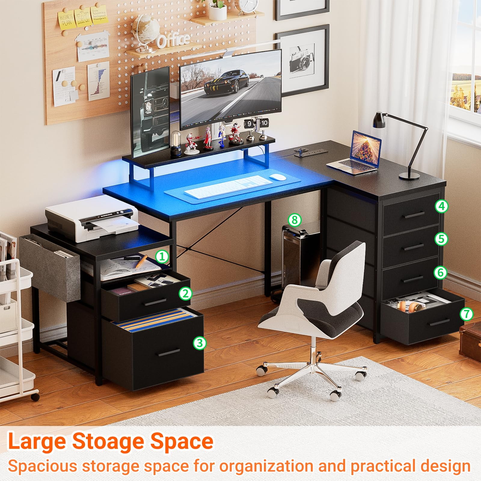Homieasy Reversible L Shaped Computer Desk with Fabric File Drawers, 70.8" Large Office Desk with RGB LED Lights & Power Outlets & Monitor Stand & CPU Stand, Sturdy Corner Gaming Desk, Black