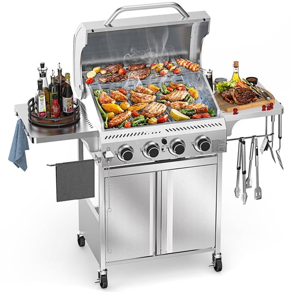 KNDKO 32000 BTU 4-Burner Propane Grill, Stainless Steel BBQ with Pulse Ignition & Locking Casters
