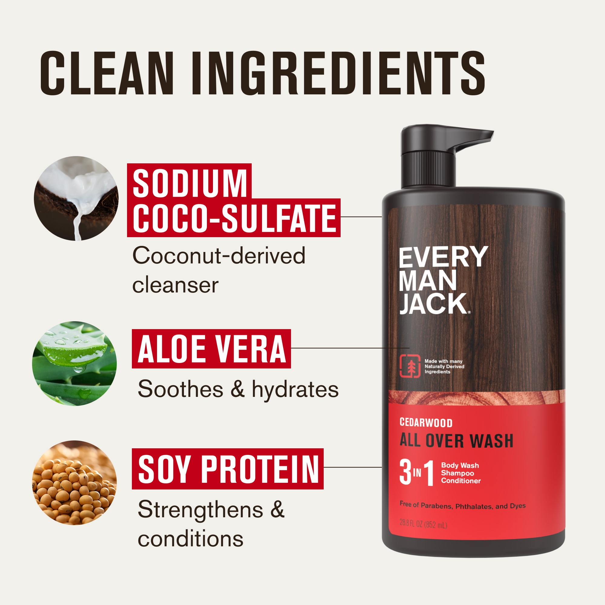 Every Man Jack Men's Hydrating 3 in 1 Body Wash, Shampoo, and Conditioner, Cedarwood, 28.8 Fluid Ounces