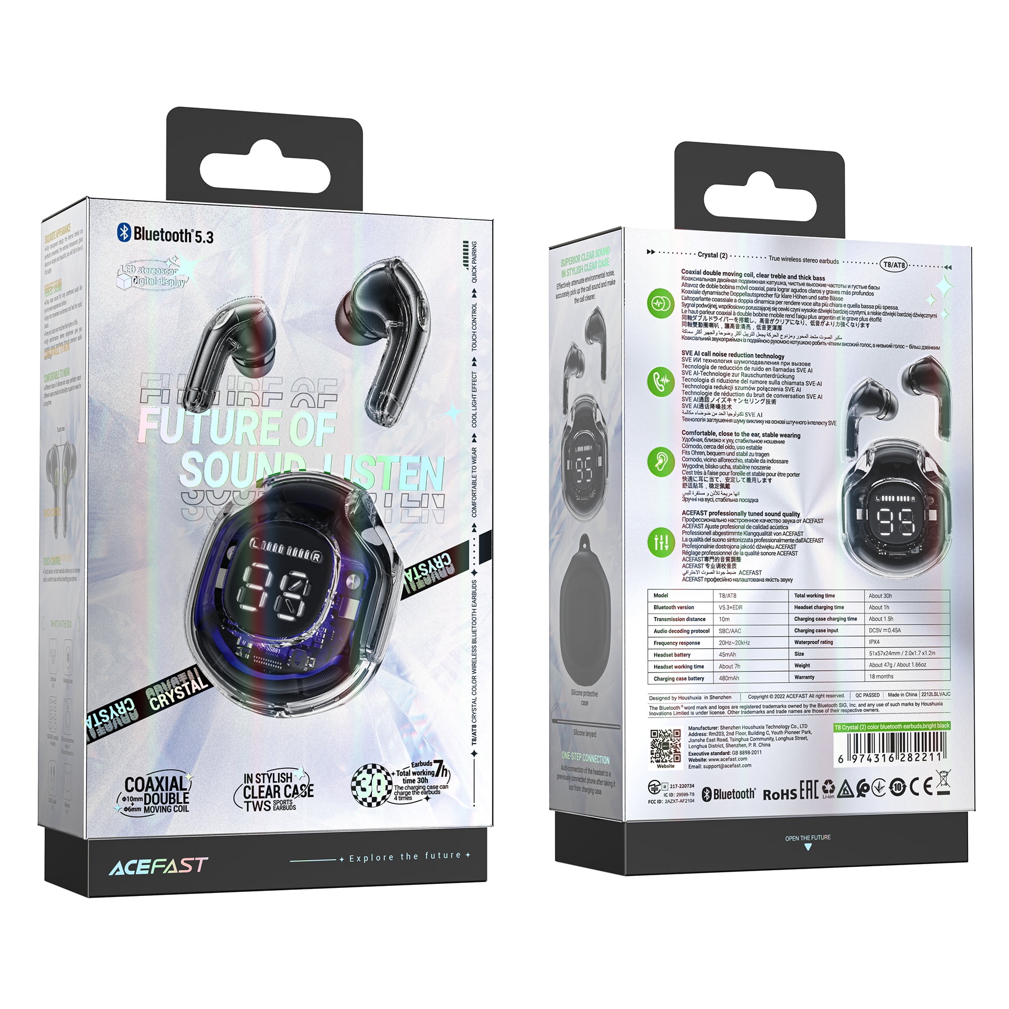 ACEFAST TWS Wireless Bluetooth Earbuds Bass Stereo Noise Reduction Headset with Mic in Ear Headphones for Iphone/Android (Bright Black)