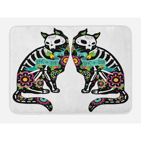 Black And White Bathroom Wall Art Day Of The Dead Bath Mat, Skeleton Cats Festive Celebration Theme Spanish Art Print, Non-Slip Plush Mat Bathroom Kitchen Laundry Room Decor, 29.5 X 17.5 Inches, Black White Turquoise Pink, Ambesonne ()