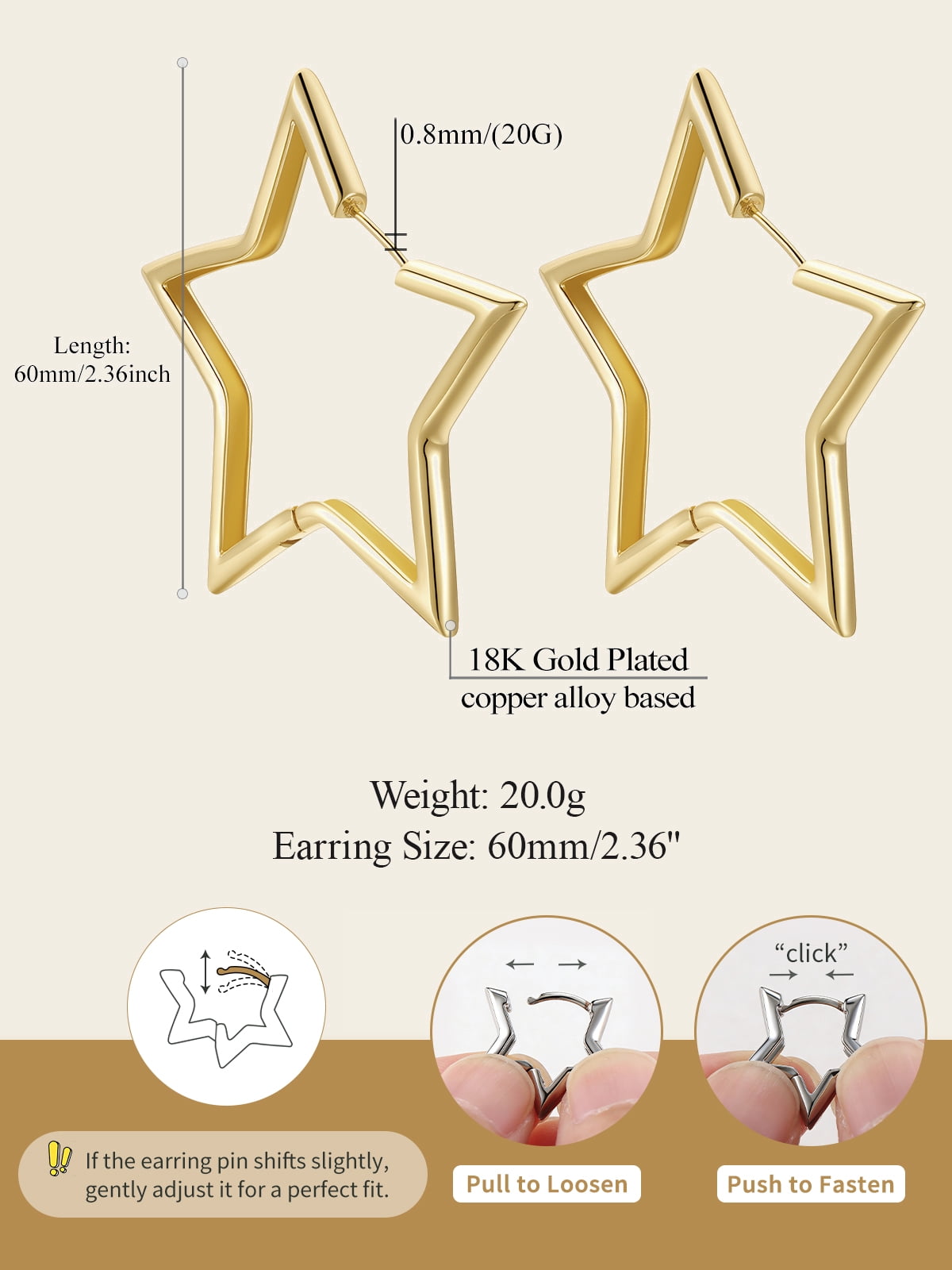 FindChic Star Earrings for Women, 14K Gold Plated Huggie Hoops Medium Hoop Earrings Birthday Graduation Mothers Day Jewelry Gifts Her Mom Adults Ideas, 60mm