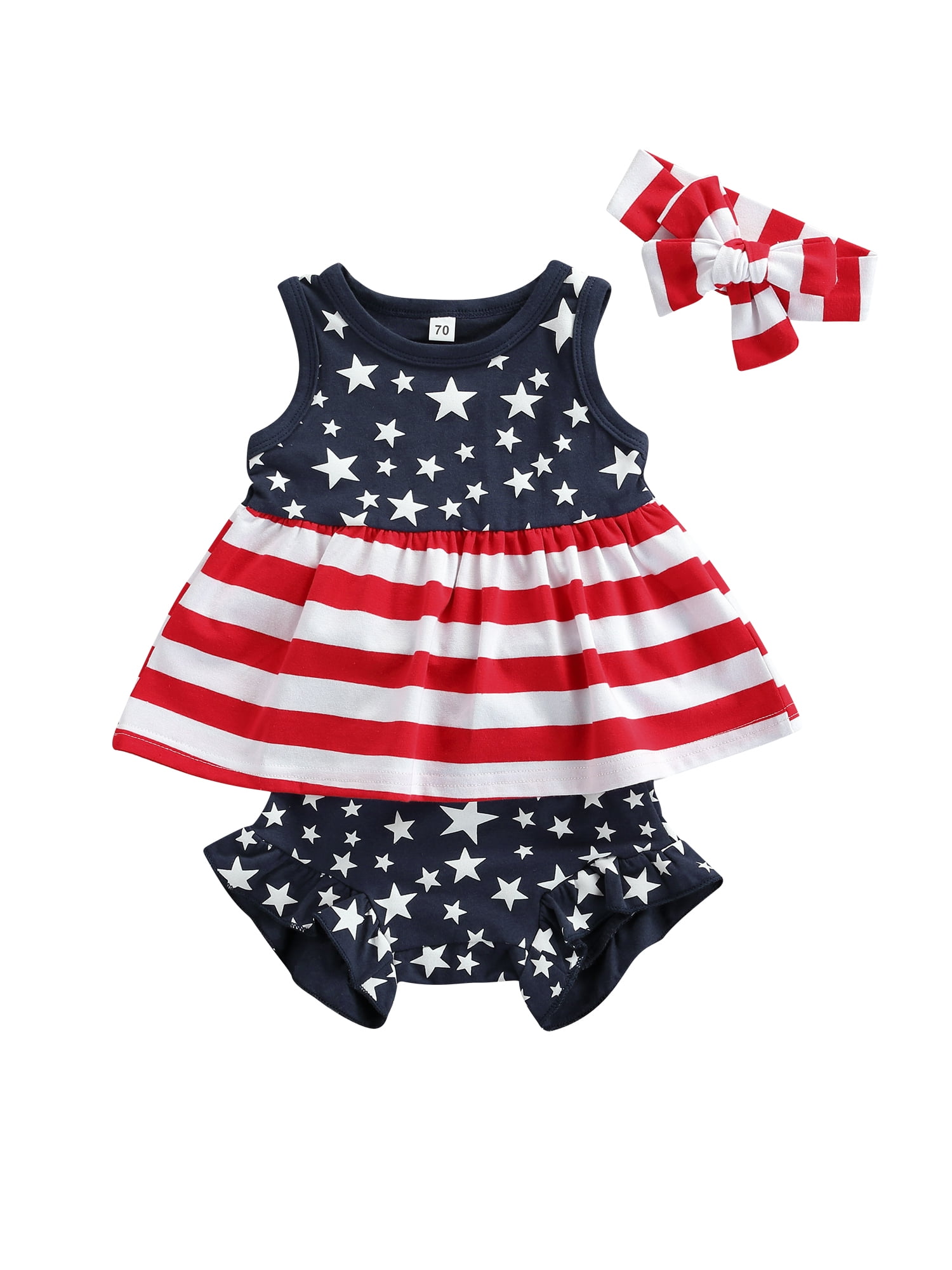 Newborn Baby Girl 4th of July Outfit Sleeveless Stars and Stripes Ruffle Dress Shirt Top Shorts Headband 3Pcs Set