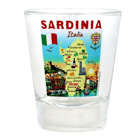 Sardinia Italy Map and Attractions Collage Shot Glass