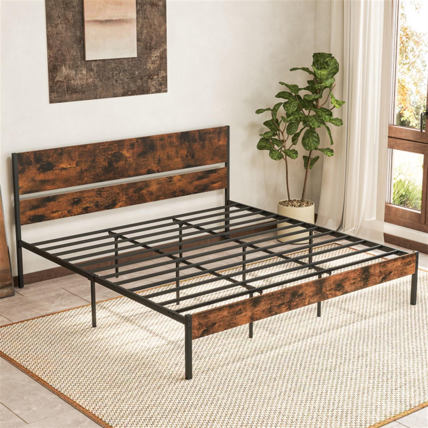 Demi Bonn King Size Bed Frame with Wooden Headboard and Footboard, Modern Metal Platform Bed Frame with Under Bed Storage, No Box Spring Needed, Brown