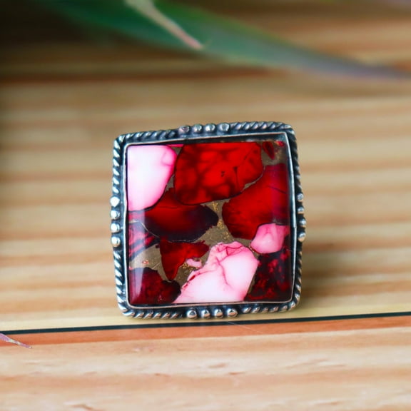 Rose Pink Dahlia Turquoise Ring, 925 Silver Ring, Square Cut Gemstone, Statement Ring, Boho Ring, Cocktail Ring, Mosaic Ring, Artisan Ring**