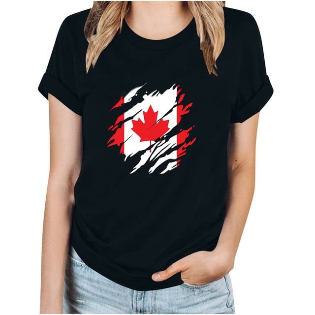 FAIWAD T-Shirt d'Été pour Femmes Fête du Canada Léger à Manches Courtes Col Rond T-Shirts Hauts Imprimé Graphique Blouses de Détente Basiques