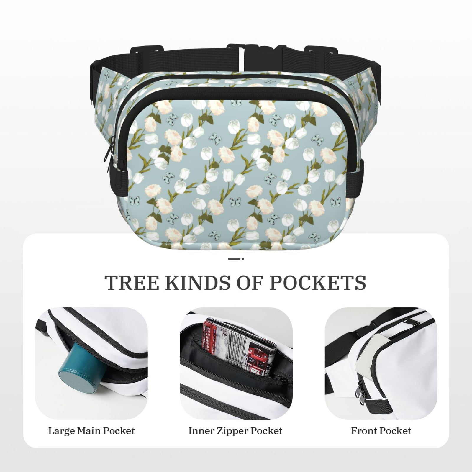 Picia Tulips Flowers Print Square Double-Layer Waist Bag Mini Adjustable Waist Belt Bag Exercise Running Travel Hiking