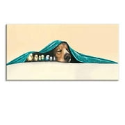 Dog Wall Decor Ainmals Under Teal Green Towel Wall Art Birds Canvas Oil Painting Framed Home Decoration for Living Room (Waterproof, Ready to Hang)
