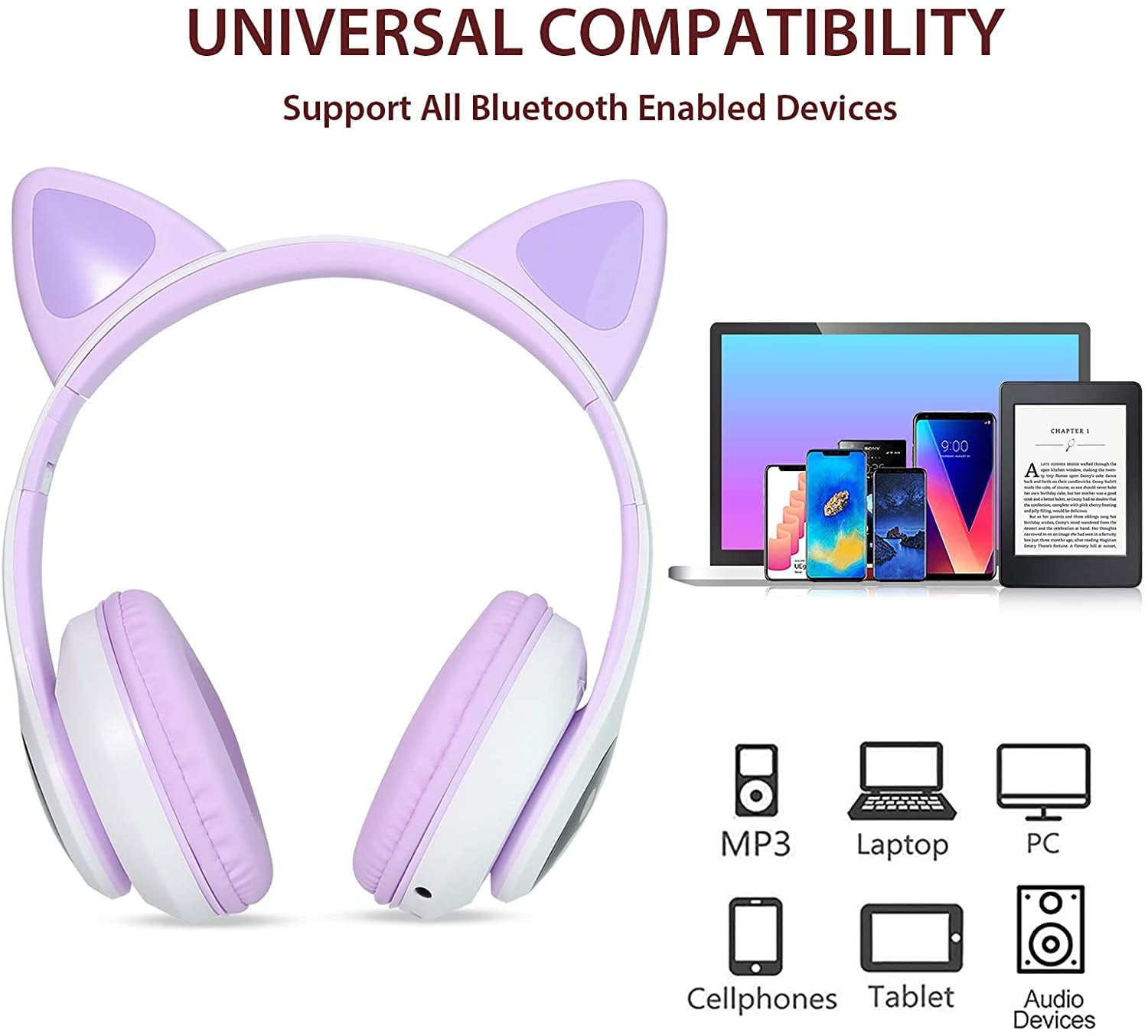 TCJJ Kids Headphones, Cat Ear Wireless Headphones, LED Light Up Kids Bluetooth Headphones Over On Ear w/Microphone for Phone