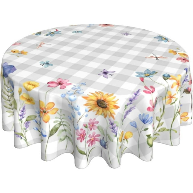 Floral Tablecloth Round 70 Inch Grey Buffalo Plaids Wildflower Butterfly Table Cloth Polyester Fabric Vintage Farmhouse Spring Summer Flowers Table Cover for Kitchen Party Dining Picnic Outdoor Decor
