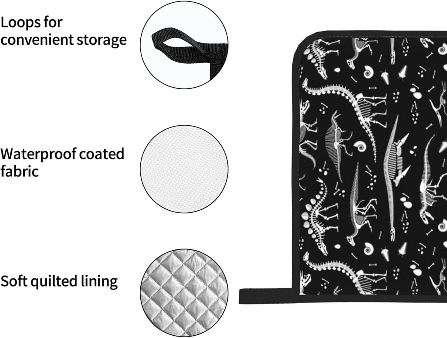 Oven Mitts and Pot Holders Sets of 4, Dinosaur Skeleton Kitchen Gloves for Cooking Baking Black and White Hot Pads BBQ Potholders