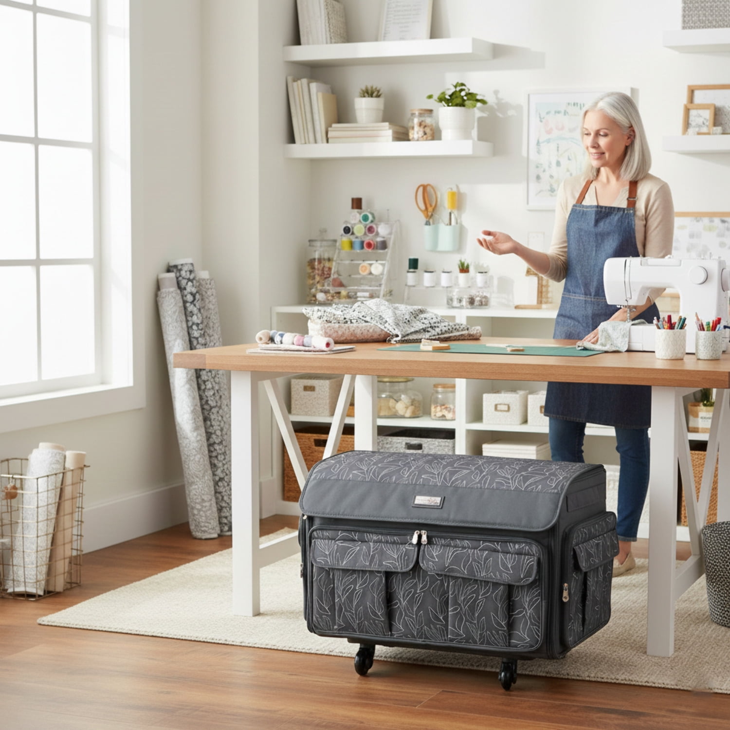 Everything Mary XXL 4 Wheel Collapsible Rolling Sewing Machine Storage Case, Grey Floral