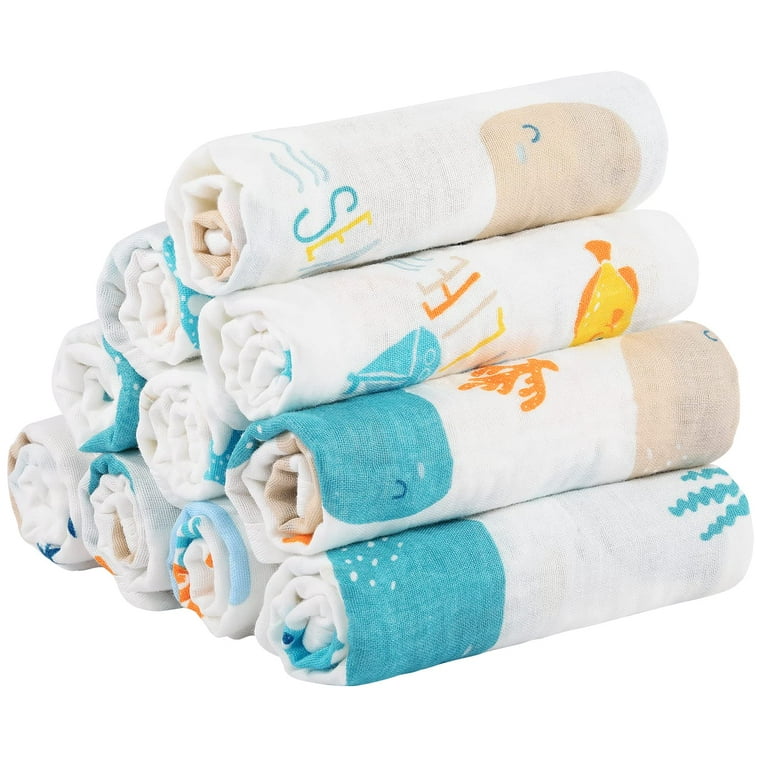 Muslin Burp Cloths for Baby 10 Pack 100% Cotton Baby Washcloths for Boys  Girls Large 20''X10'' Super Soft and Absorbent Whale