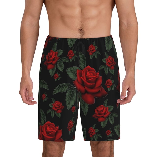 Kdxio Roses Print Mens Shorts, Breathable Lounge Sleepwear Set with Elastic Waistband and Pockets-3X-Large