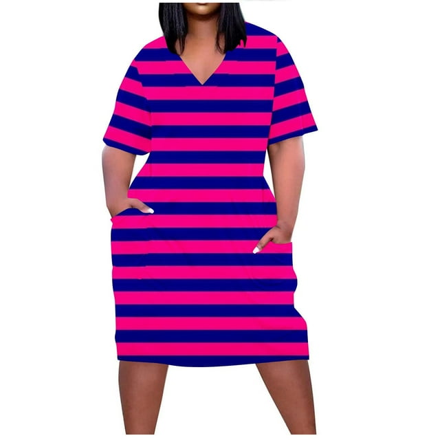 Pisexur Robes d'Été pour Femmes Mode à Imprimé Floral Robe Soleil Décontractée Ample à Col en V à Manches Courtes Robes T-Shirt Fluides Surdimensionnées Robe de Plage avec Poches Grande Taille Robe Mi-Mollet L-5TG