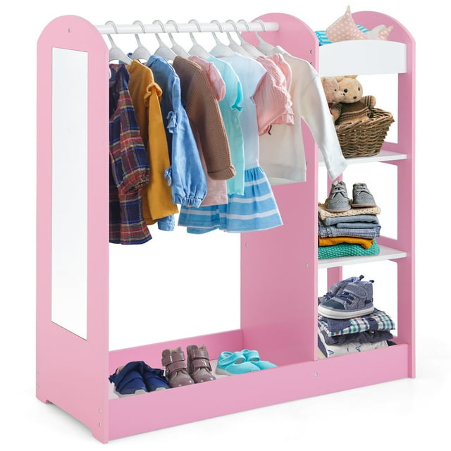Gymax Armoire Suspendue de Rangement pour Déguisements pour Enfants Commode Garde-Robe de Costumes avec Miroir Étagères Rose