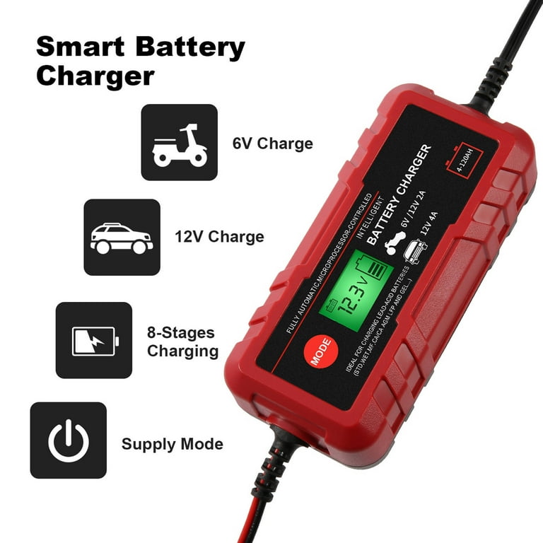  Sailvono 4A Battery Charger, 6V and 12V Smart Trickle Charger,  10-Stages 14.6 Volt LiFePO4 Automatic Battery Maintainer with Supply Mode  for Motorcycle Car Lawn Mower Boat Marine Lead Acid Batteries 