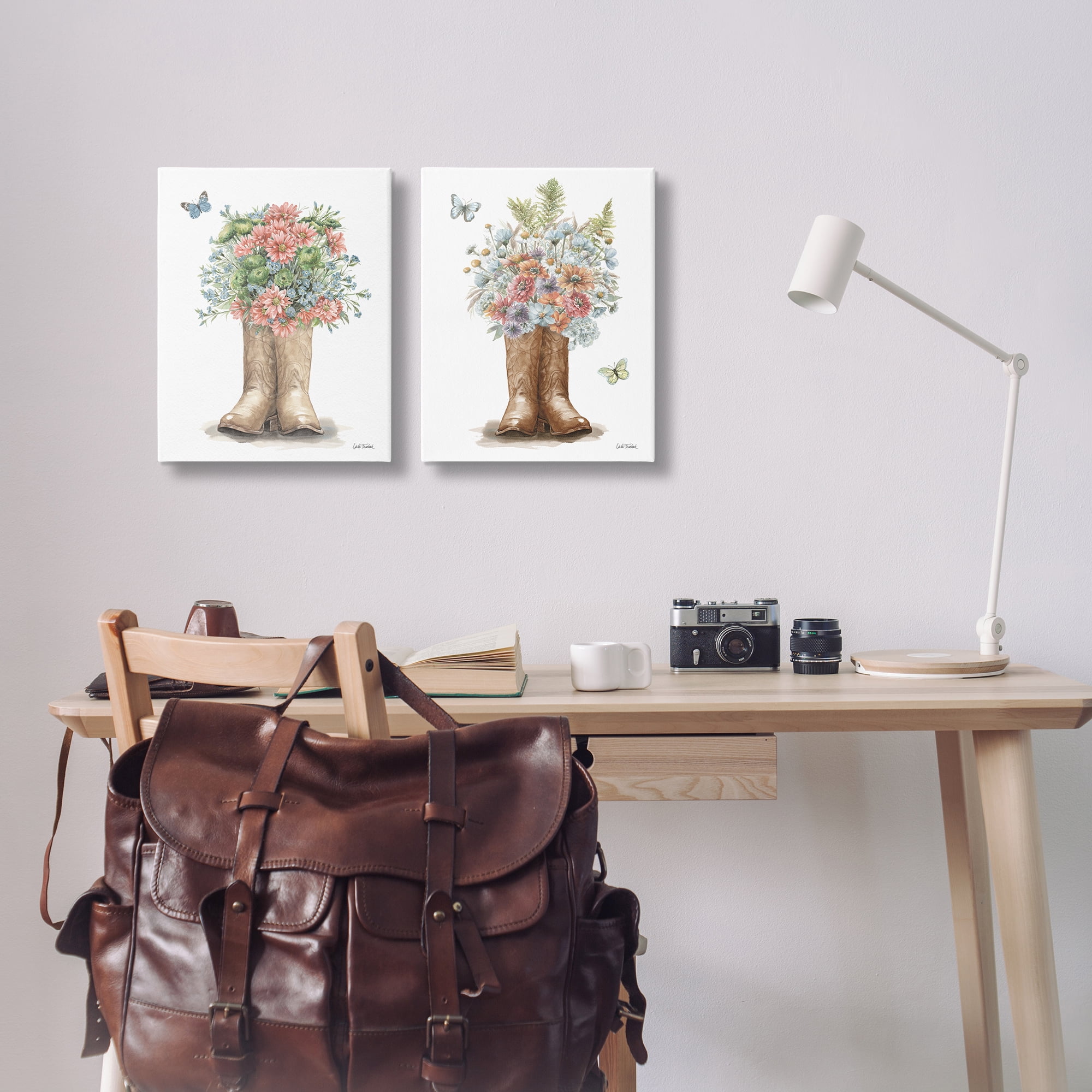 Stupell Industries Wildflower Western Boots Butterfly Plants & Flowers Painting Wrapped Canvas Art Print Wall Art, 16 x 20, Set of 2