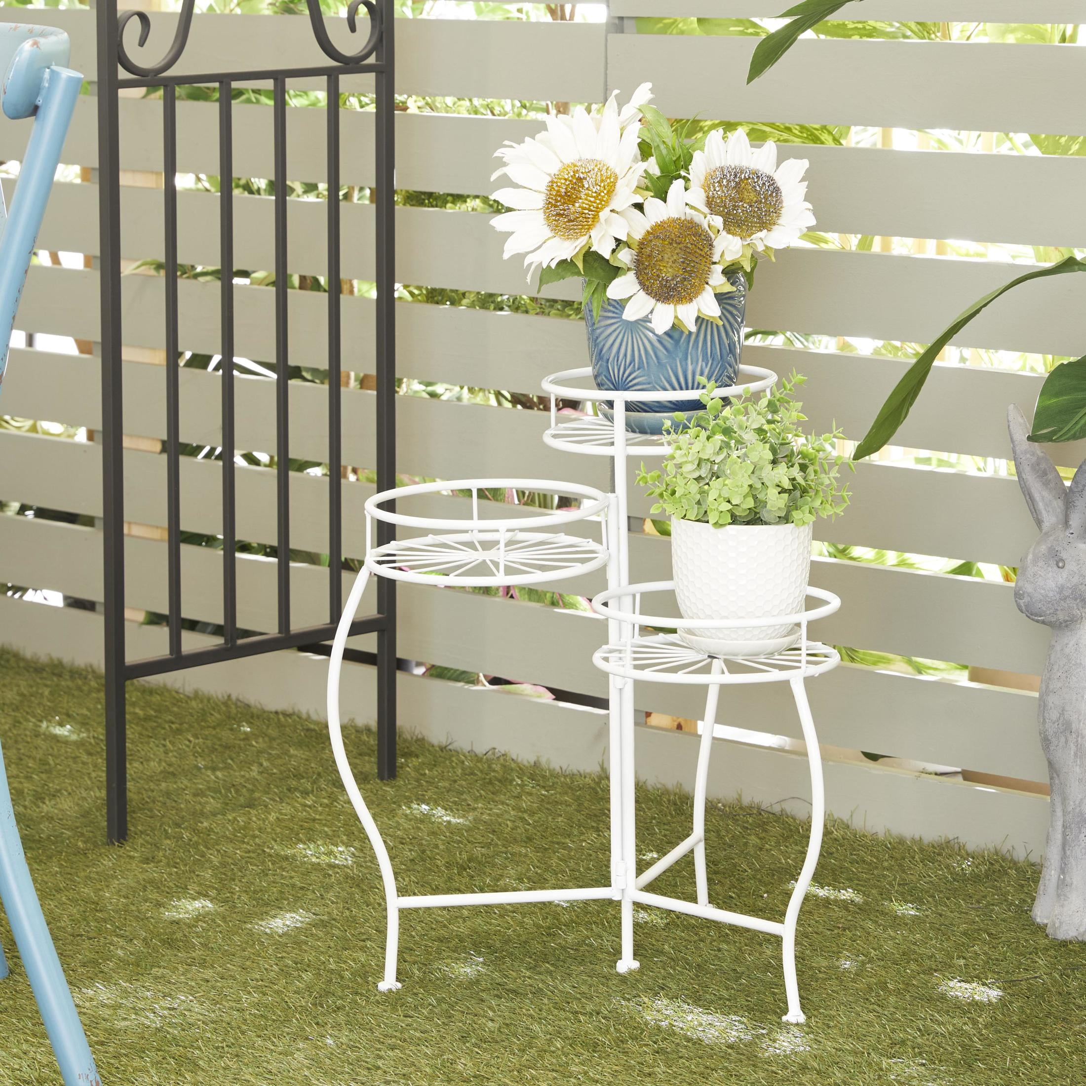 DecMode 19" x 18" x 21" 3 Tier White Metal Starburst Plantstand