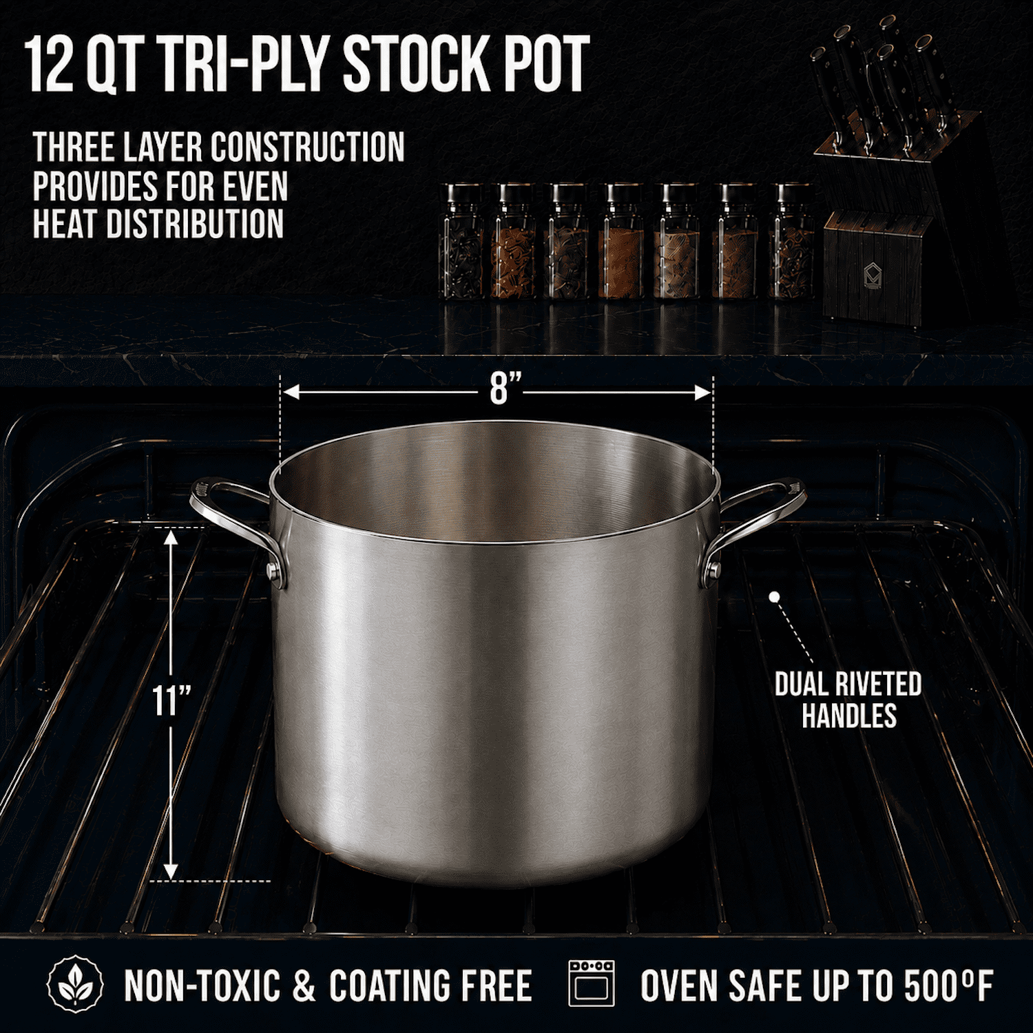 CoreClad 12-Quart Induction Ready Tri-Ply Stainless Steel Stock Pot with Glass Lid