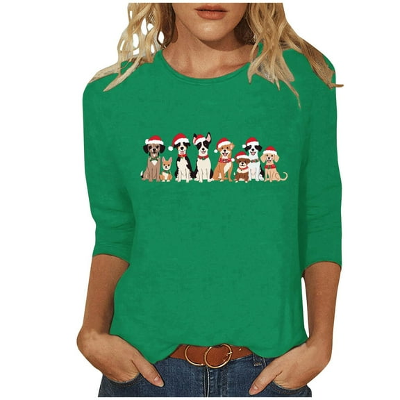 Christmas Shirt for Women Holiday Cute Dog Graphic Tee 3/4 Sleeve Crewnck Casual Top Xmas Outfit