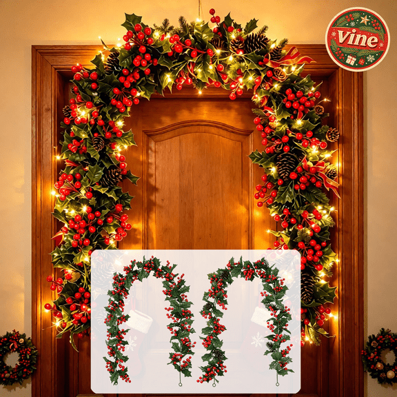 69Inch Christmas Holly Berry Pinecone Garland, Artificial Fake Vines for Christmas Hanging Ornaments, Seasonal Xmas Decoration, Xmas Indoor Outdoor Decor for Door Table Mantel Archway Display