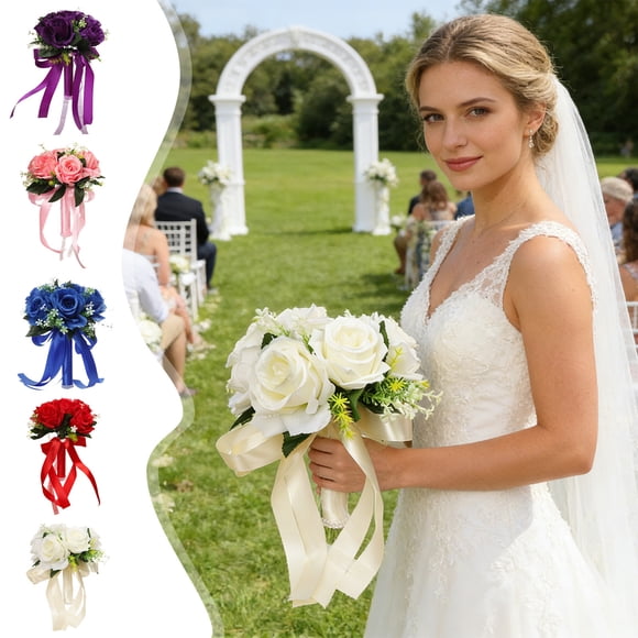 Plastic Artificial Bouquet White Artificial Wedding Bouquet 1Pc Plastic Bridal Bouquet with Satin Ribbon for Bridesmaids and Ceremony Decor by JASKFLY