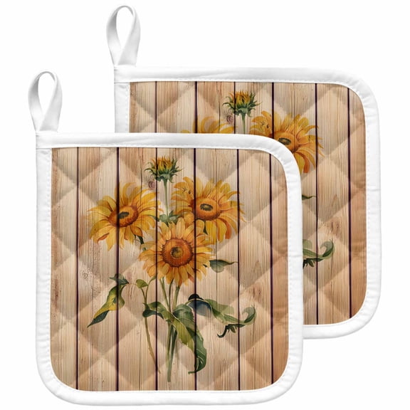 Sunflower Pot Holders for Kitchen Heatproof Potholder, 2 Pack Vintage Summer Botanical Wooden Farmhouse Hot Pads Multipurpose Oven Pads Cloth Potholders Trivet for Cooking and Baking