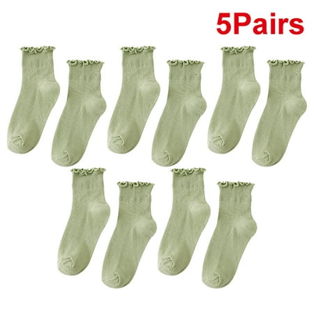 

YUANBANG 5Pairs Ruffle Ankle Socks for Women Casual Lettuce Knit Green
