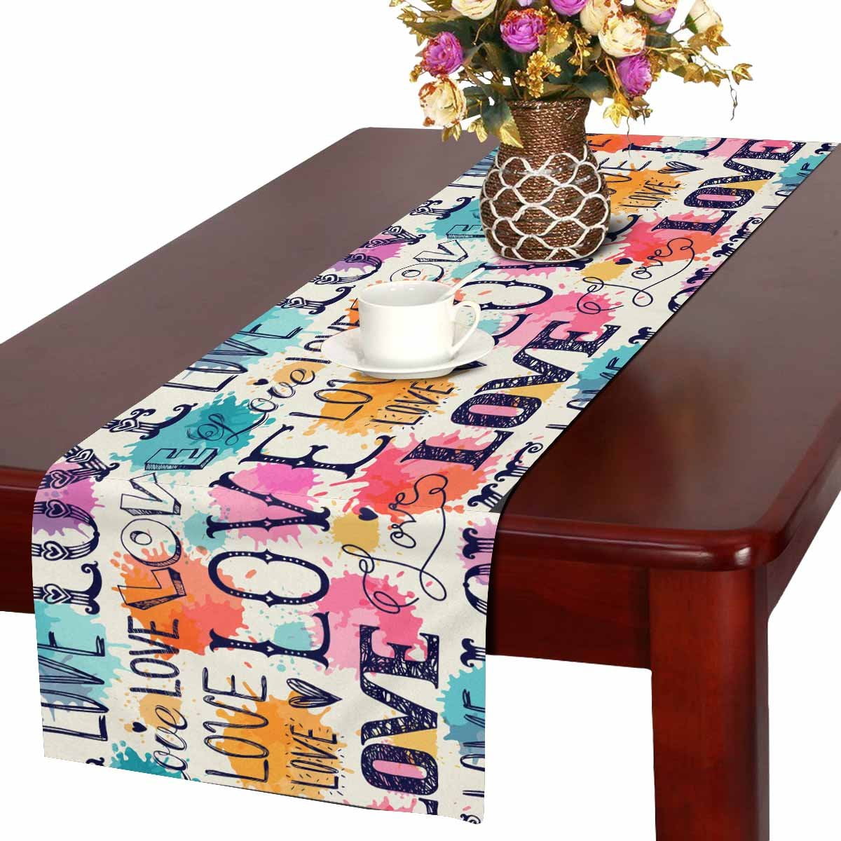 YUSDECOR Love Pattern Table Runner, Valentine's Day Table Cloth Runner for Wedding Party Banquet