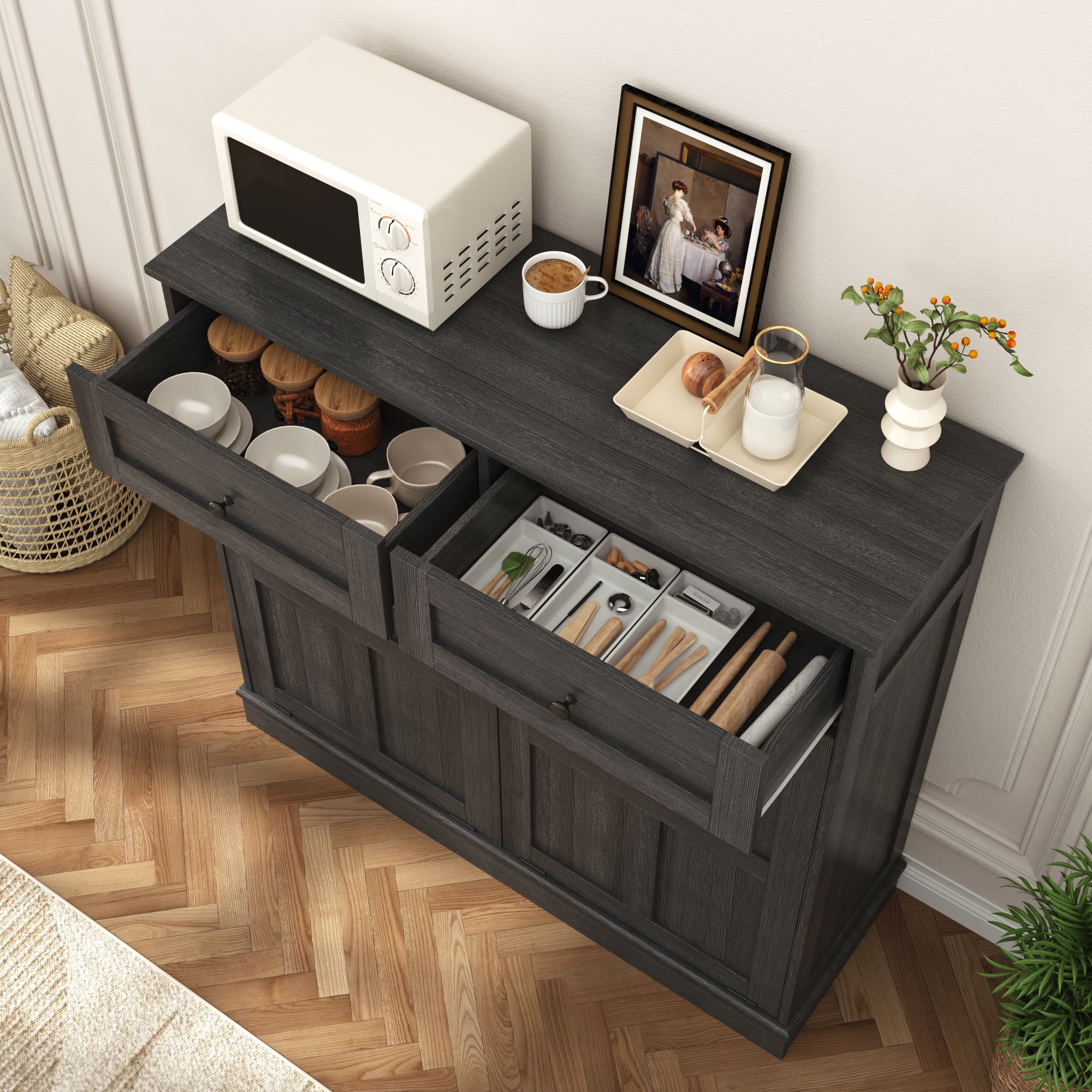 Blotout Double Tilt Trash Cabinet with 2 Hidden Drawers,Kitchen Hidden Trash Can with Flip Cover,Suitable for Kitchen,House,Apartment,Dormitory,Laundry Room