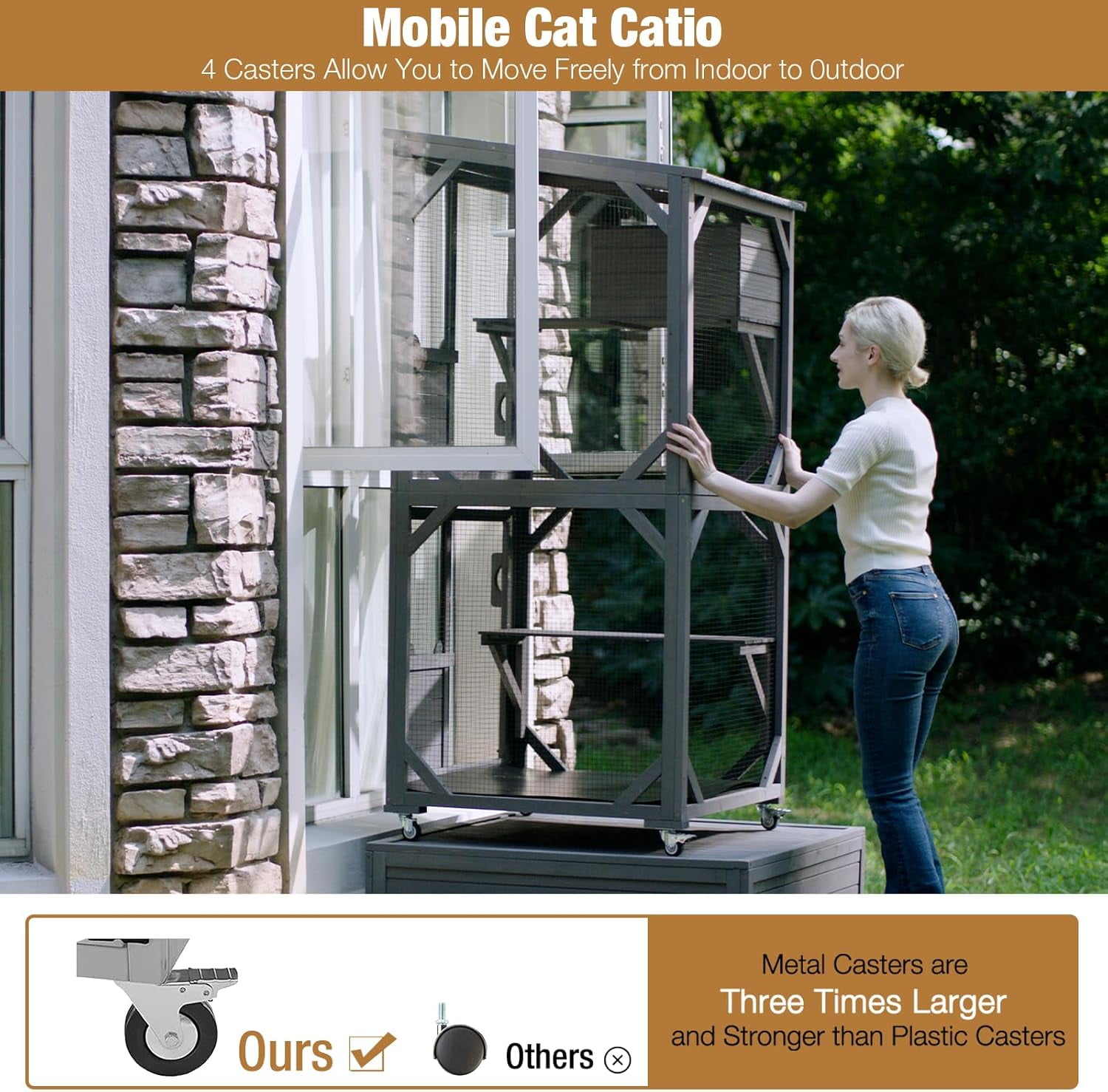 MEDEHOO 71 " Outdoor Catio Cat Enclosure , Kitty House Indoor with Perches and Condos Large Cat Shelter -Waterproof Catio Shelter with Wheels