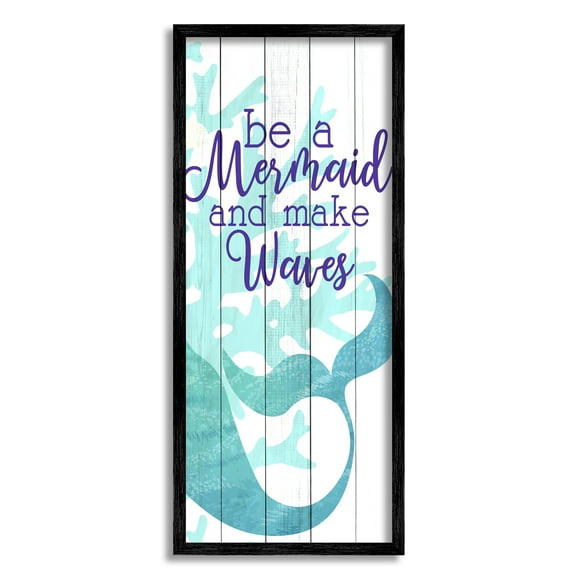 Stupell Industries Make Waves Mermaid Saying Calligraphy Turquoise Tail Graphic Art Black Framed Art Print Wall Art, 13x30, by Kim Allen