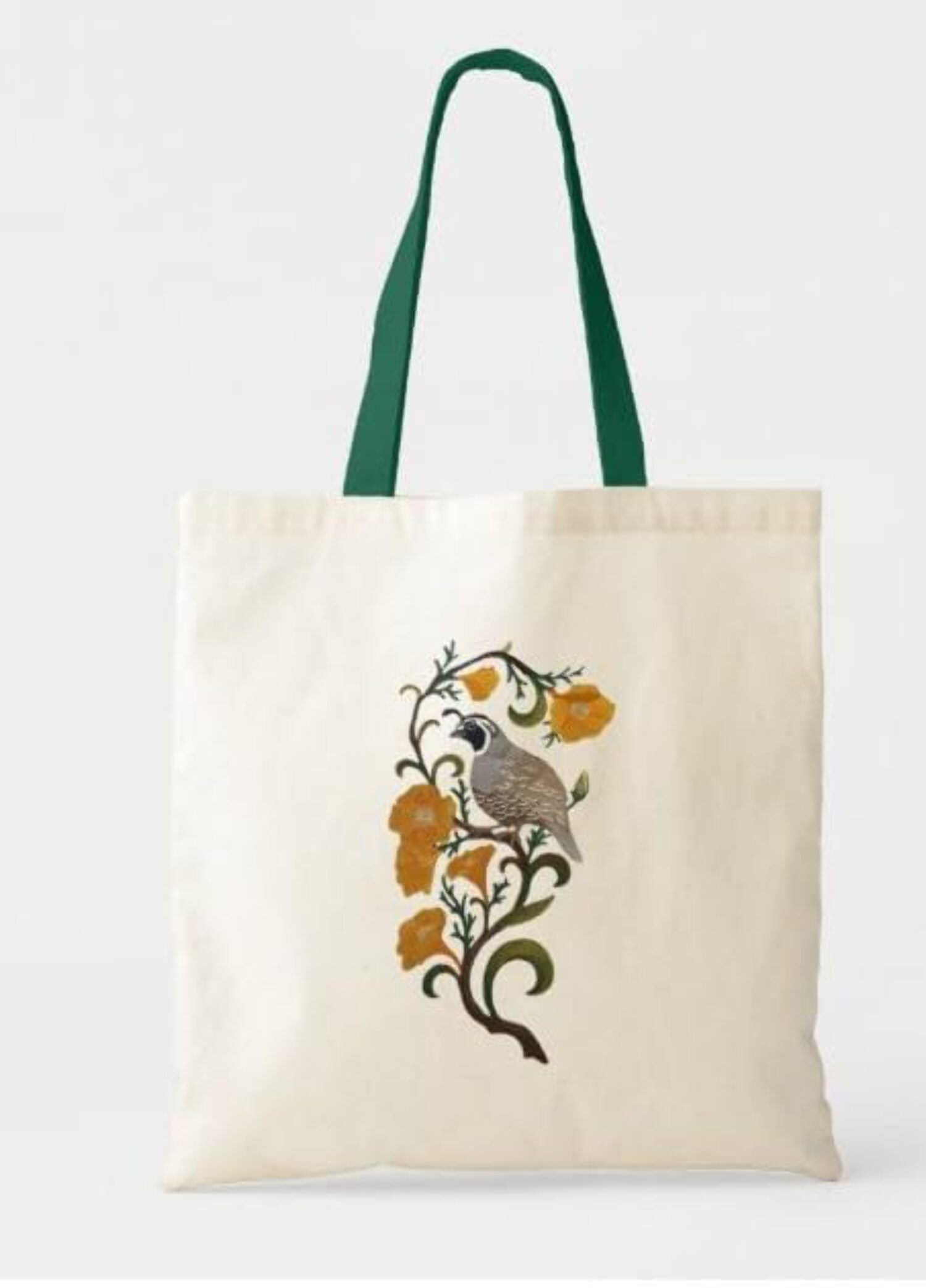 Custom California Quail and California Poppy Medley Bird Embroidery Iron On/Sew Patch - Beyond Vision (6.34" x 11.8")